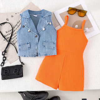 موضة 2025 جديد صيف بنات' waistcoat shorts طقم solid color lapel دينم with condole belt conjoined two-piece comfortable outfit