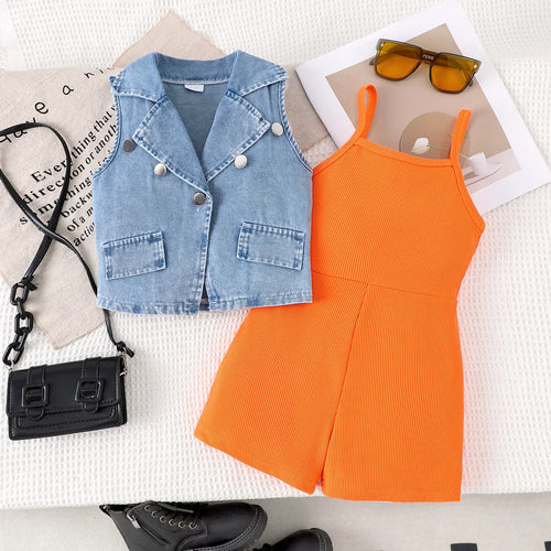 موضة 2025 جديد صيف بنات' waistcoat shorts طقم solid color lapel دينم with condole belt conjoined two-piece comfortable outfit