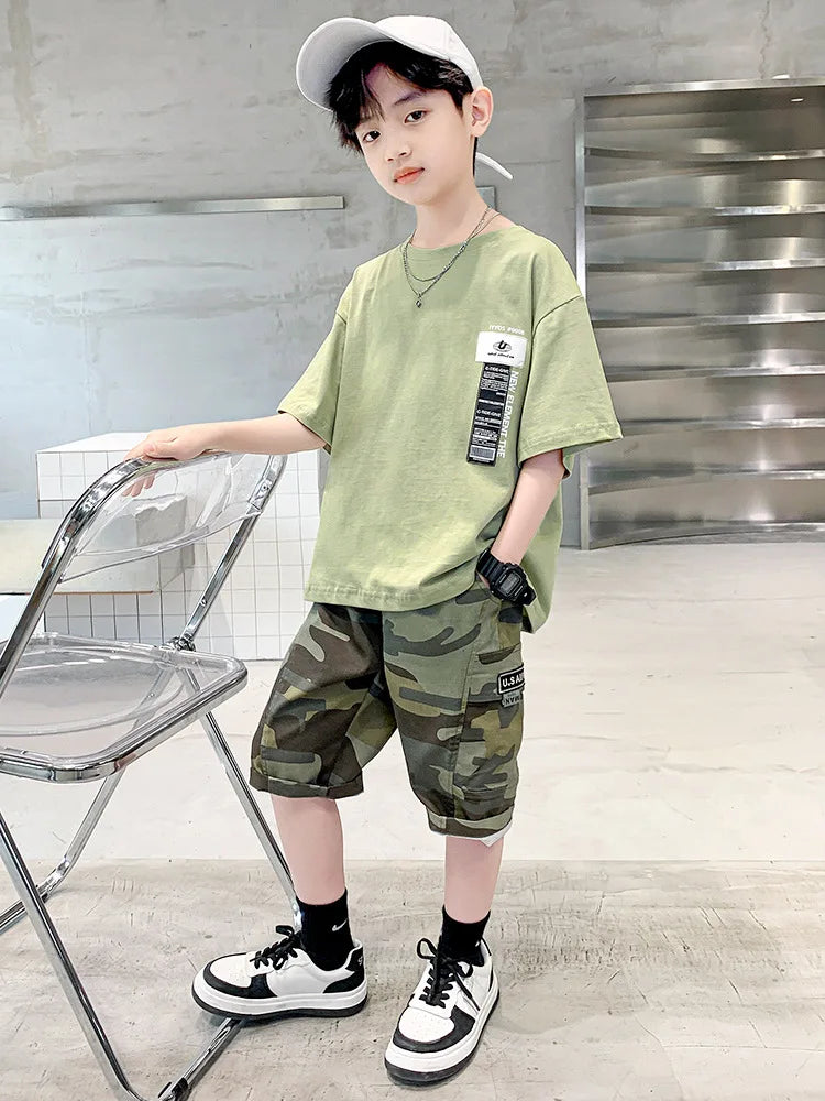 موضة 2025 جديد صيف mid to large أولاد' خفيف sport صيف أولاد' توب and pants طقم