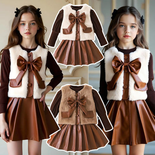 موضة 2025 popular شتاء بنات' طقم أكمام طويلةd توب with fur فيست بليسيه leather جيب three piece طقم