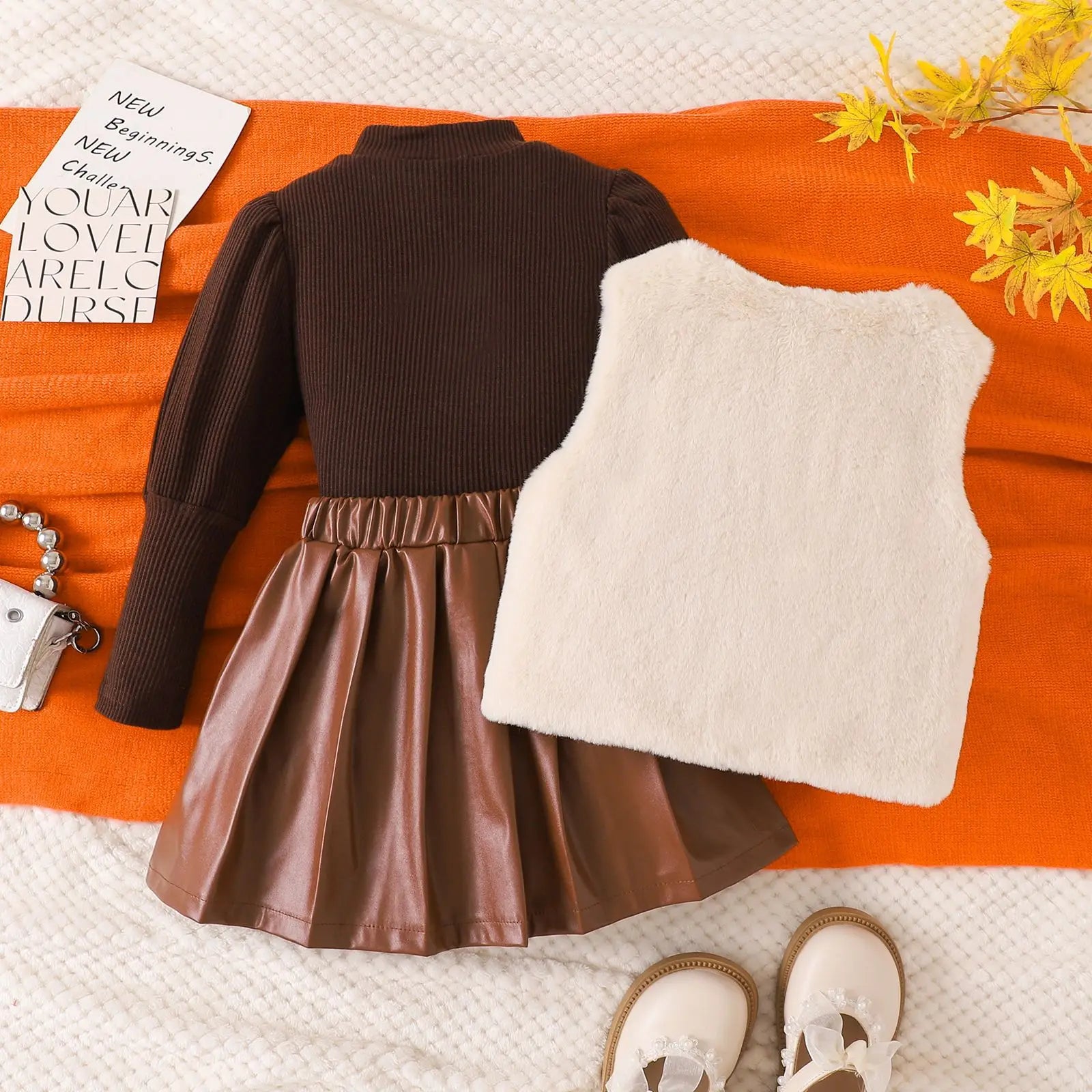 موضة 2025 popular شتاء بنات' طقم أكمام طويلةd توب with fur فيست بليسيه leather جيب three piece طقم