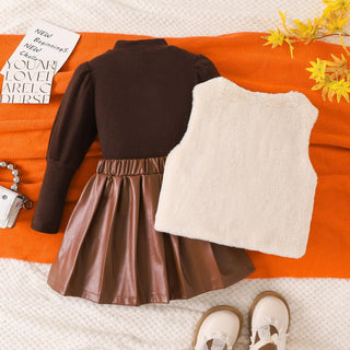 موضة 2025 popular شتاء بنات' طقم أكمام طويلةd توب with fur فيست بليسيه leather جيب three piece طقم