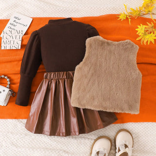 موضة 2025 popular شتاء بنات' طقم أكمام طويلةd توب with fur فيست بليسيه leather جيب three piece طقم
