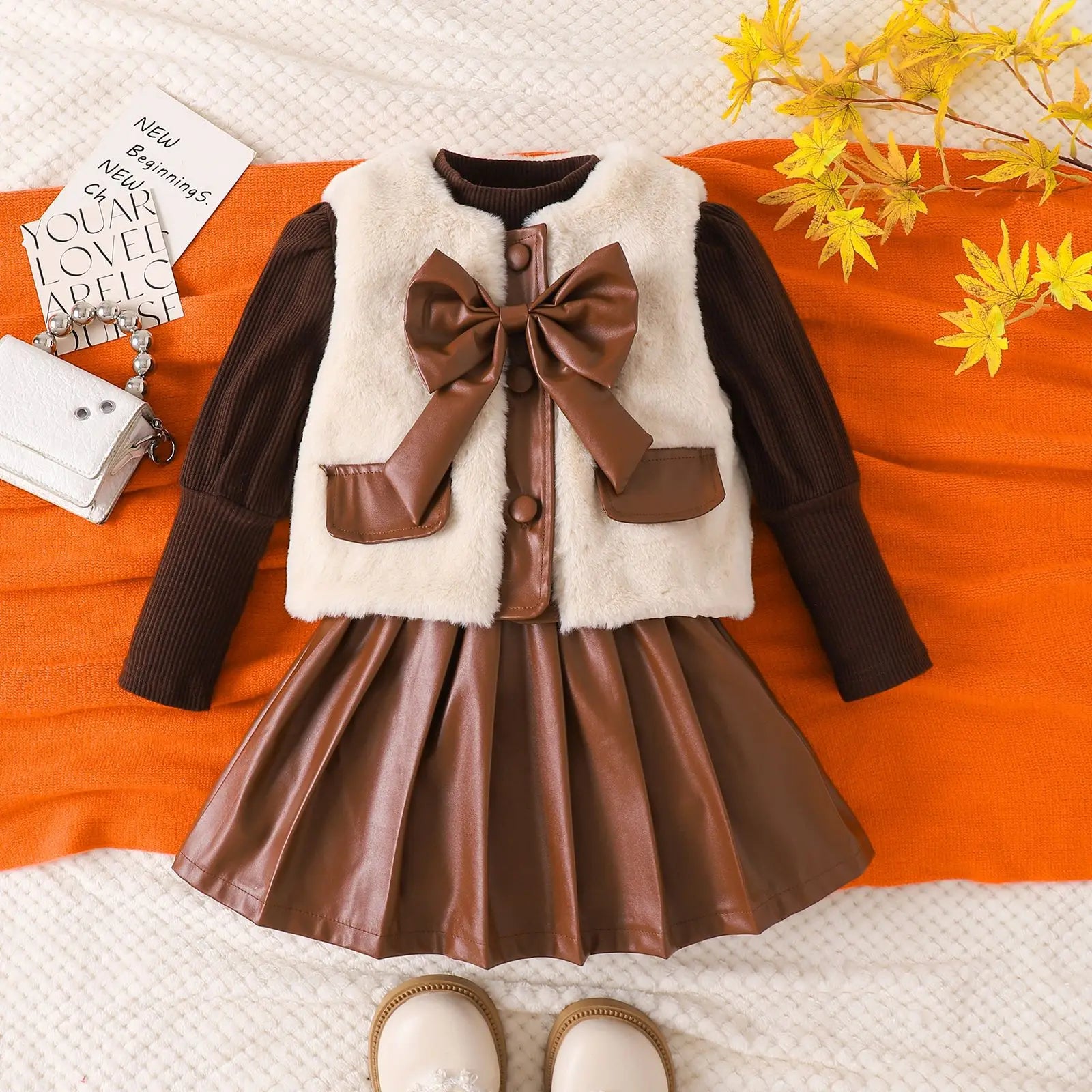 موضة 2025 popular شتاء بنات' طقم أكمام طويلةd توب with fur فيست بليسيه leather جيب three piece طقم