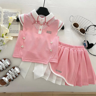 موضة 2025 preppy ستايل صيف بنات' outfit طقم high quality cotton floral lace فيست توب and جيب with bow جديد floral pattern