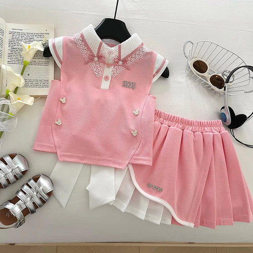 موضة 2025 preppy ستايل صيف بنات' outfit طقم high quality cotton floral lace فيست توب and جيب with bow جديد floral pattern