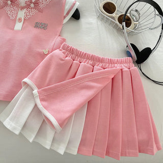 موضة 2025 preppy ستايل صيف بنات' outfit طقم high quality cotton floral lace فيست توب and جيب with bow جديد floral pattern