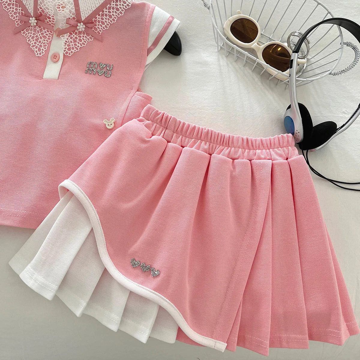 موضة 2025 preppy ستايل صيف بنات' outfit طقم high quality cotton floral lace فيست توب and جيب with bow جديد floral pattern