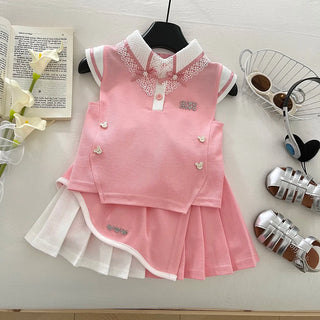 موضة 2025 preppy ستايل صيف بنات' outfit طقم high quality cotton floral lace فيست توب and جيب with bow جديد floral pattern