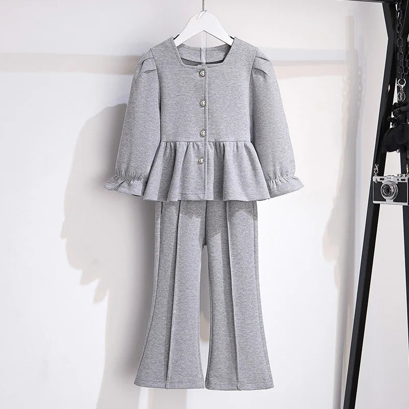 موضة 2025 ربيع خريف أطفال boutique clothing طقم أكمام طويلة square neck solid single breasted توب flared pants teen بنت clothes