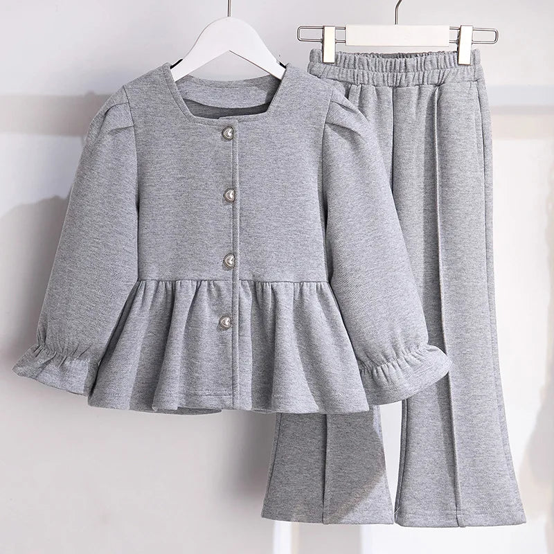موضة 2025 ربيع خريف أطفال boutique clothing طقم أكمام طويلة square neck solid single breasted توب flared pants teen بنت clothes