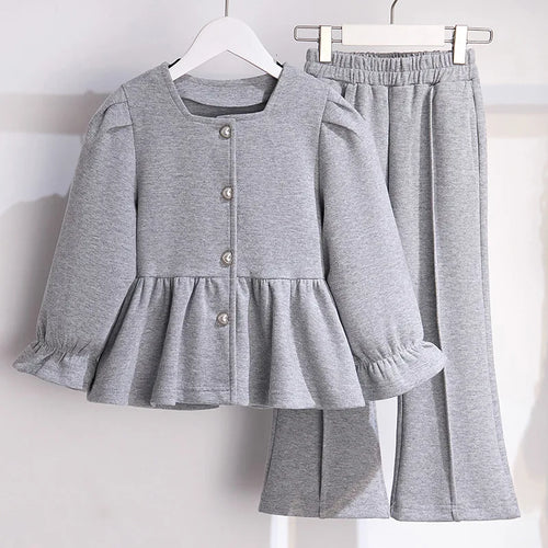 موضة 2025 ربيع خريف أطفال boutique clothing طقم أكمام طويلة square neck solid single breasted توب flared pants teen بنت clothes