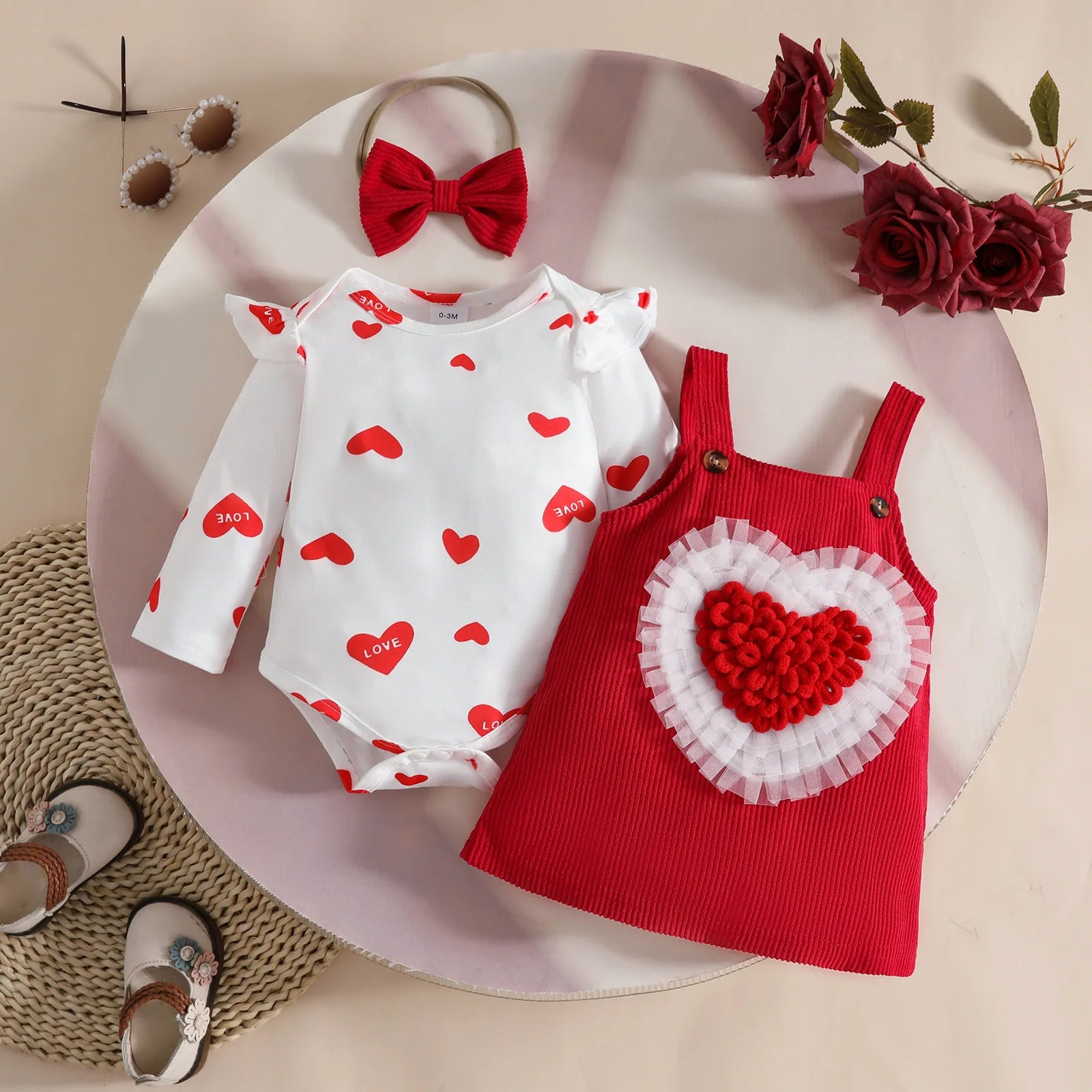 موضة 2025 ربيع خريف sweet toddler بنات clothing heart-shaped طويل-sleeved romper halter فستان baby clothes طقم