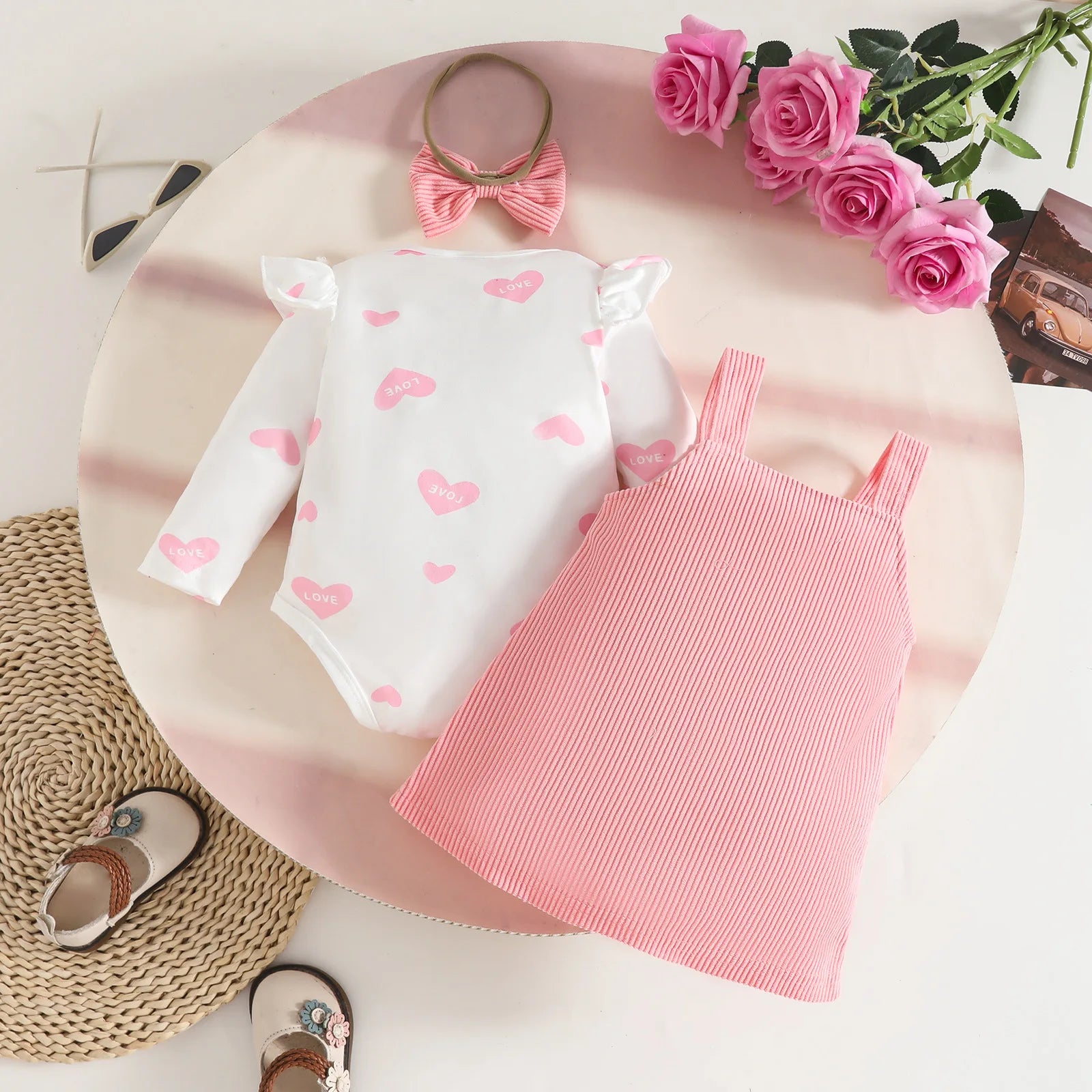 موضة 2025 ربيع خريف sweet toddler بنات clothing heart-shaped طويل-sleeved romper halter فستان baby clothes طقم