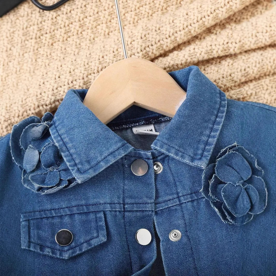 موضة 2025 ربيع جديد بنات' fashion طقم three-dimensional flower دينم coat with فيست sling and flared pants children's clothing