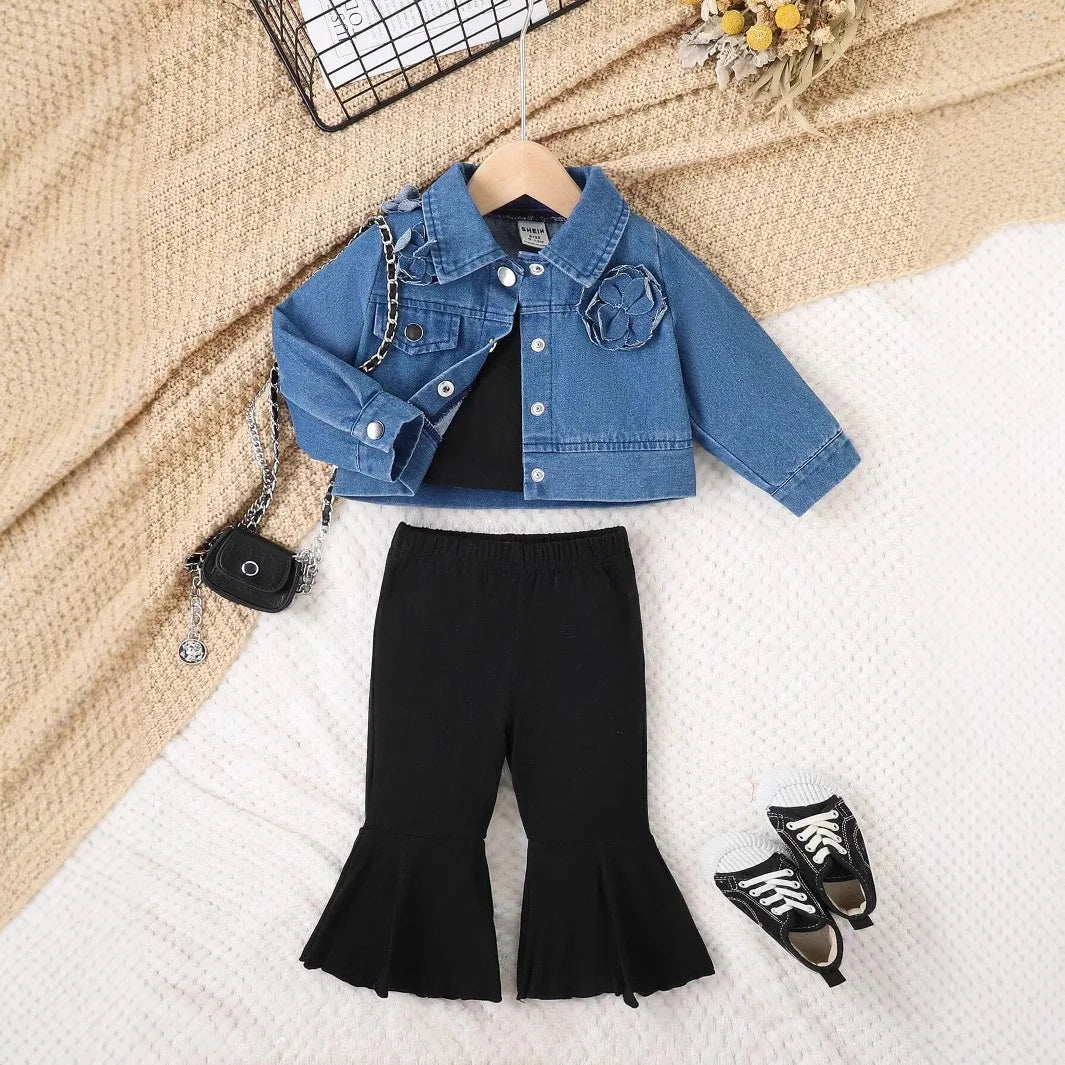 موضة 2025 ربيع جديد بنات' fashion طقم three-dimensional flower دينم coat with فيست sling and flared pants children's clothing