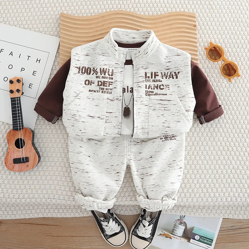 موضة 2025 ربيع وخريف جديد أولاد' طقم، fashionable and handsome english فيست أكمام طويلة three piece طقم for children