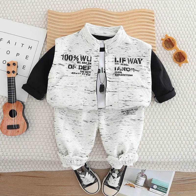 موضة 2025 ربيع وخريف جديد أولاد' طقم، fashionable and handsome english فيست أكمام طويلة three piece طقم for children