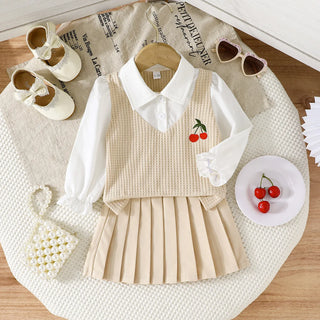 موضة 2025 ربيع وخريف جديد cherry pattern أكمام طويلة توب and بليسيه جيب 2-piece طقم