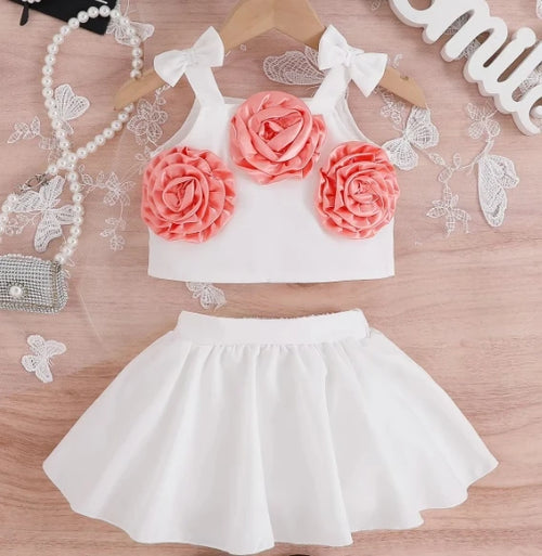 موضة 2025 صيف baby بنت floral توب with puffy جيب طقم قطعتين