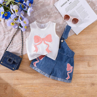 موضة 2025 صيف back to school 4-7years outfit children bows t-shirt توب دينم shorts two-piece بنات clothing