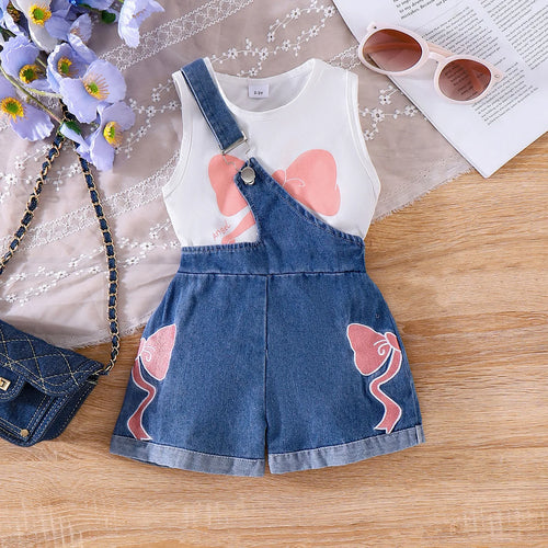 موضة 2025 صيف back to school 4-7years outfit children bows t-shirt توب دينم shorts two-piece بنات clothing