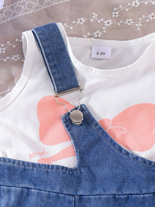 موضة 2025 صيف back to school 4-7years outfit children bows t-shirt توب دينم shorts two-piece بنات clothing