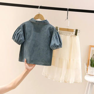 موضة 2025 صيف كاجوال children's clothing بنات' أكمام قصيرة دينم توب white جيب بدلة toddler بنت's foreign two-piece outfit