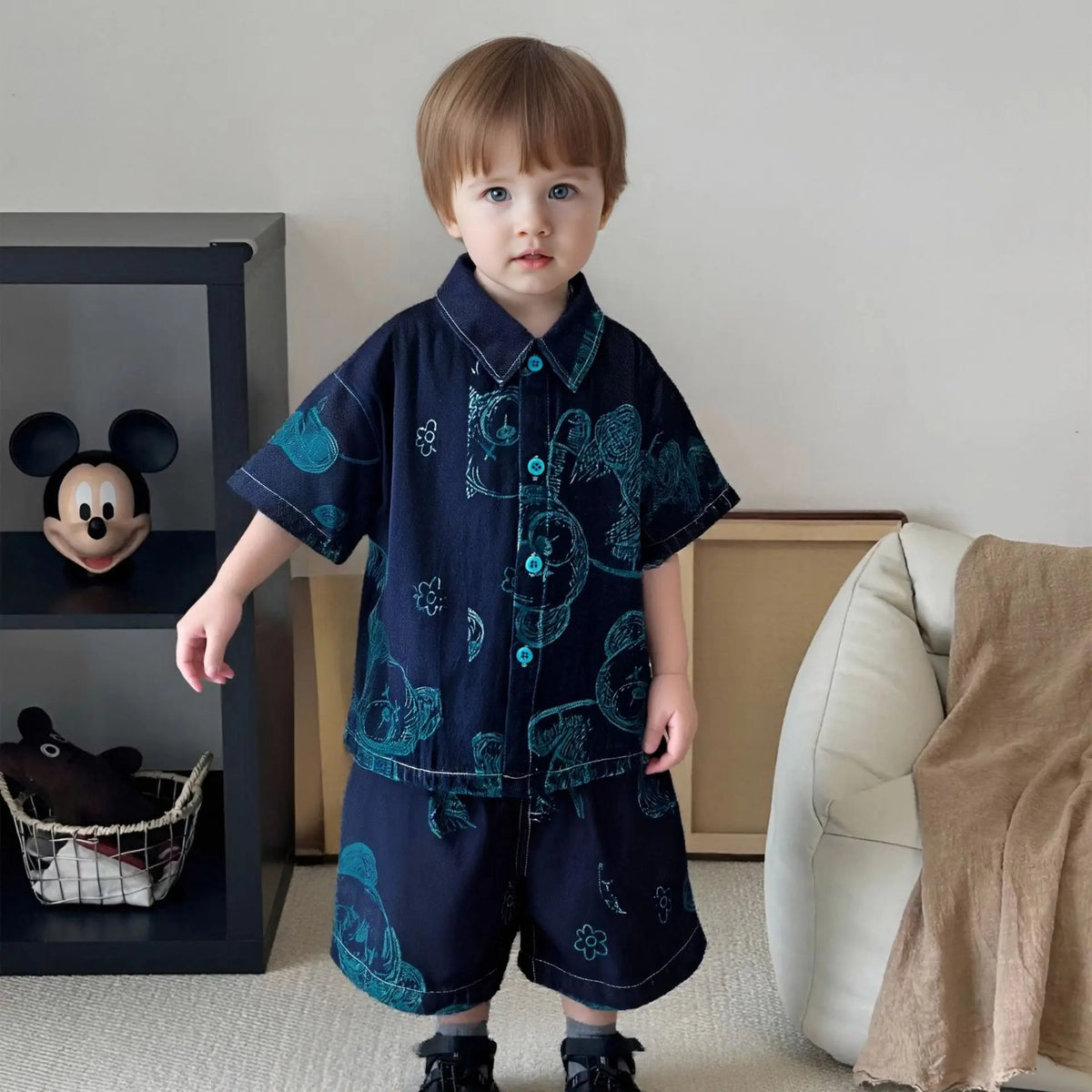 موضة 2025 صيف collection جديد 0-5-year-old أولاد' printed big bear cowboy أكمام قصيرةs 2-piece طقم