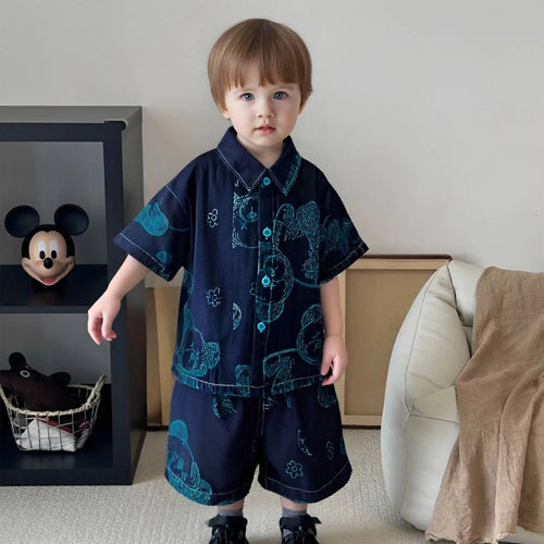 موضة 2025 صيف collection جديد 0-5-year-old أولاد' printed big bear cowboy أكمام قصيرةs 2-piece طقم