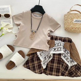 موضة 2025 صيف fashion بنات جديد joker أكمام قصيرة stitching plaid جيب طقم high quality cotton korean ستايل shirt