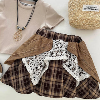 موضة 2025 صيف fashion بنات جديد joker أكمام قصيرة stitching plaid جيب طقم high quality cotton korean ستايل shirt