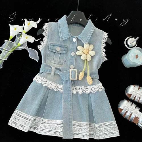 موضة 2025 صيف بنت دينم فستان little أميرة flower فيست فستان with lace & ruffles decoration odm odm for children