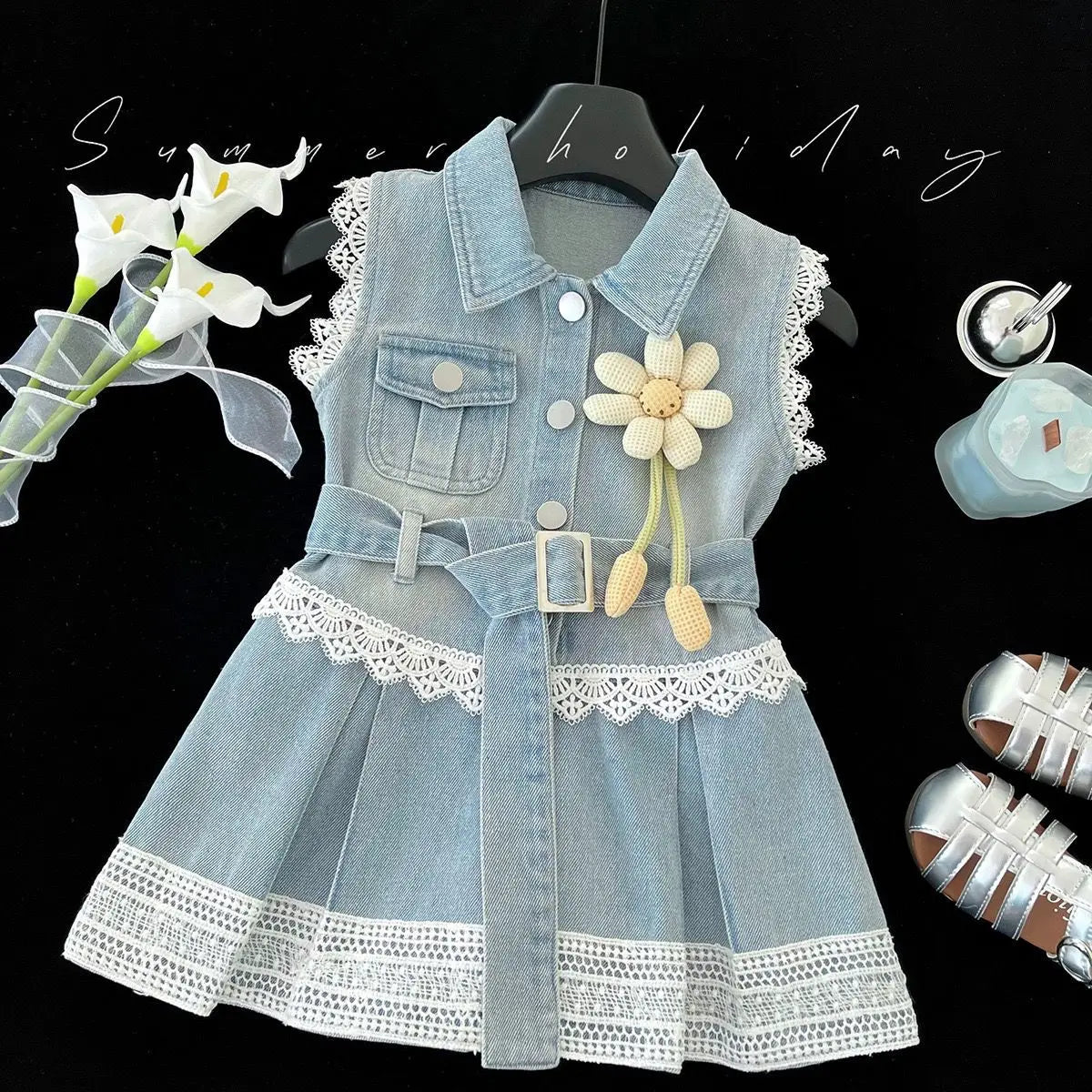 موضة 2025 صيف بنت دينم فستان little أميرة flower فيست فستان with lace & ruffles decoration odm odm for children