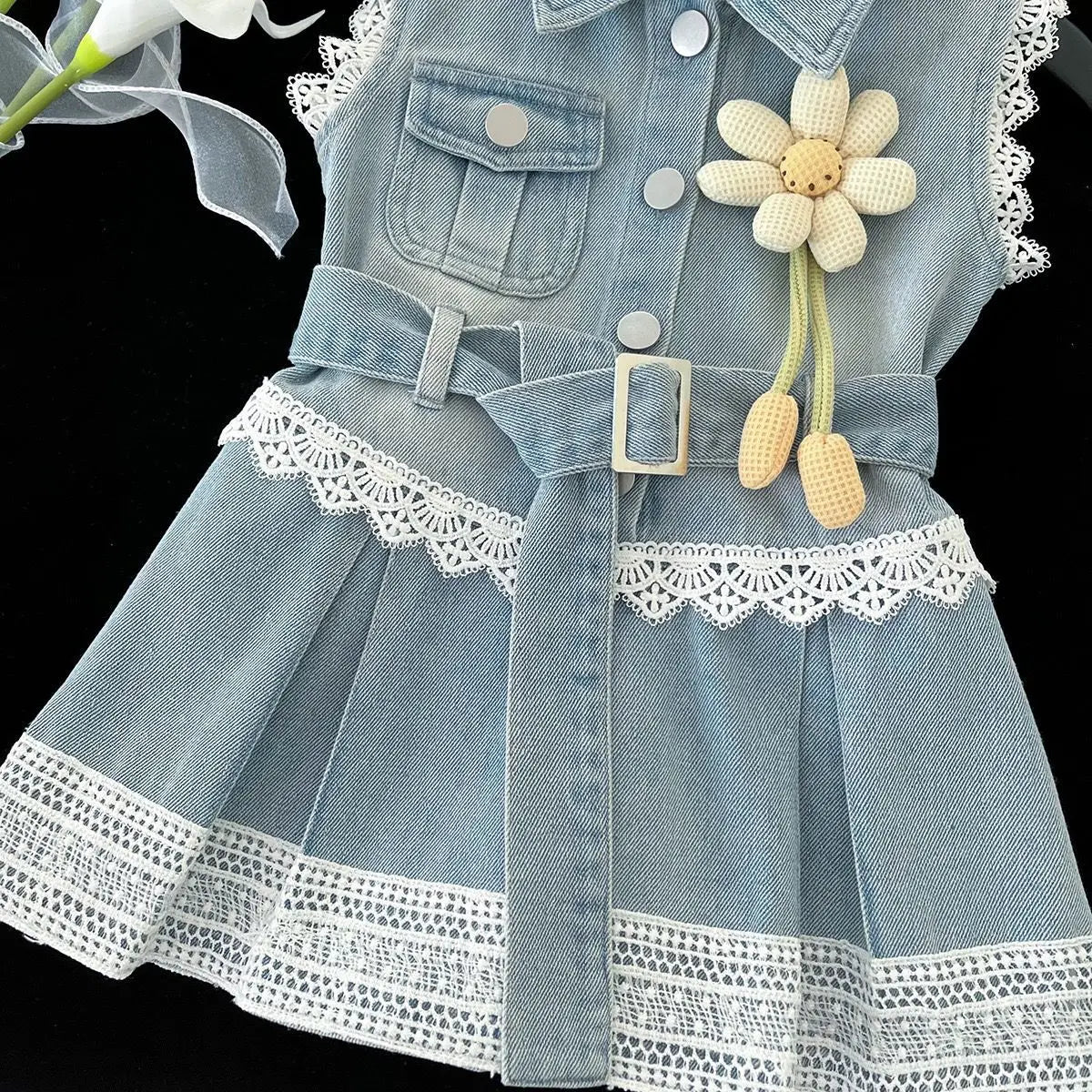 موضة 2025 صيف بنت دينم فستان little أميرة flower فيست فستان with lace & ruffles decoration odm odm for children
