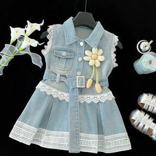موضة 2025 صيف بنت دينم فستان little أميرة flower فيست فستان with lace & ruffles decoration odm odm for children