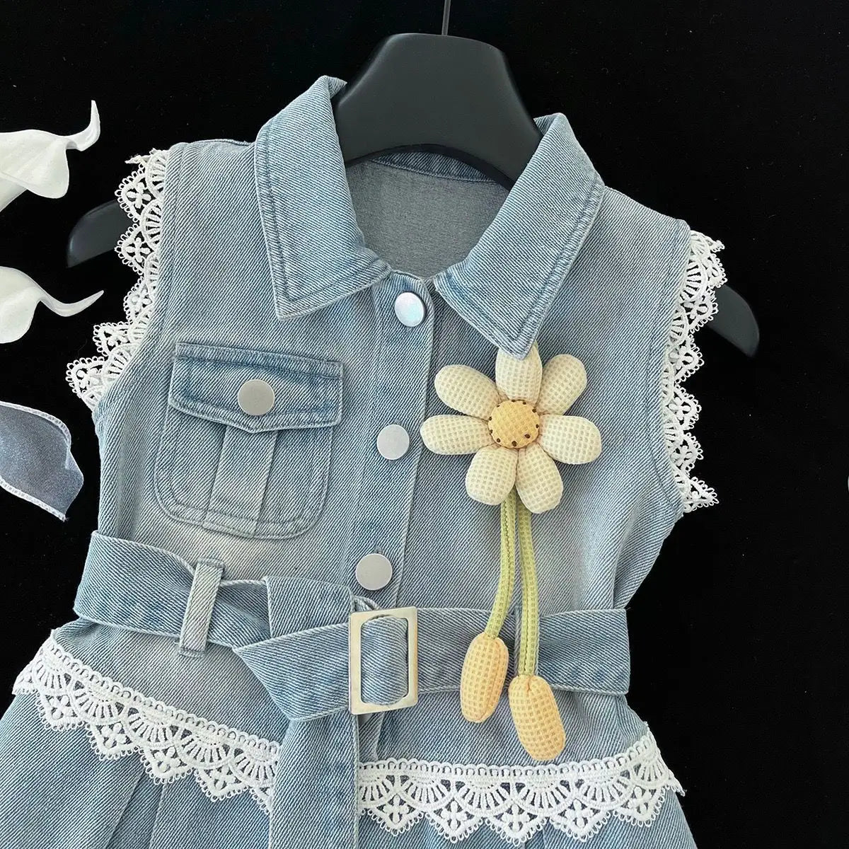 موضة 2025 صيف بنت دينم فستان little أميرة flower فيست فستان with lace & ruffles decoration odm odm for children