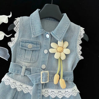 موضة 2025 صيف بنت دينم فستان little أميرة flower فيست فستان with lace & ruffles decoration odm odm for children