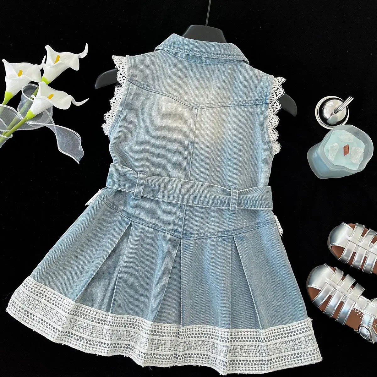 موضة 2025 صيف بنت دينم فستان little أميرة flower فيست فستان with lace & ruffles decoration odm odm for children