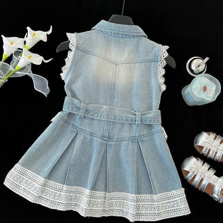 موضة 2025 صيف بنت دينم فستان little أميرة flower فيست فستان with lace & ruffles decoration odm odm for children