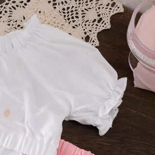 موضة 2025 صيف بنات كاجوال ستايل puff كم bow توب work trousers طقم قطعتين