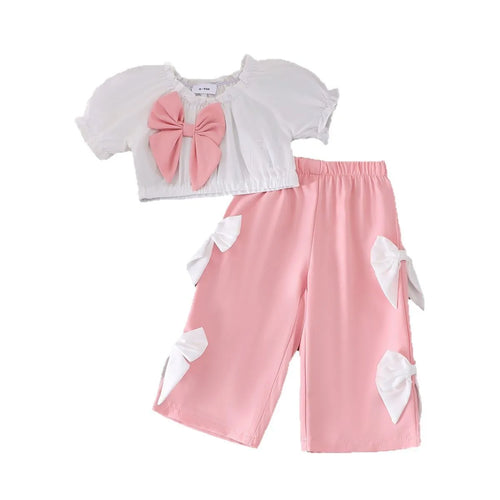 موضة 2025 صيف بنات كاجوال ستايل puff كم bow توب work trousers طقم قطعتين