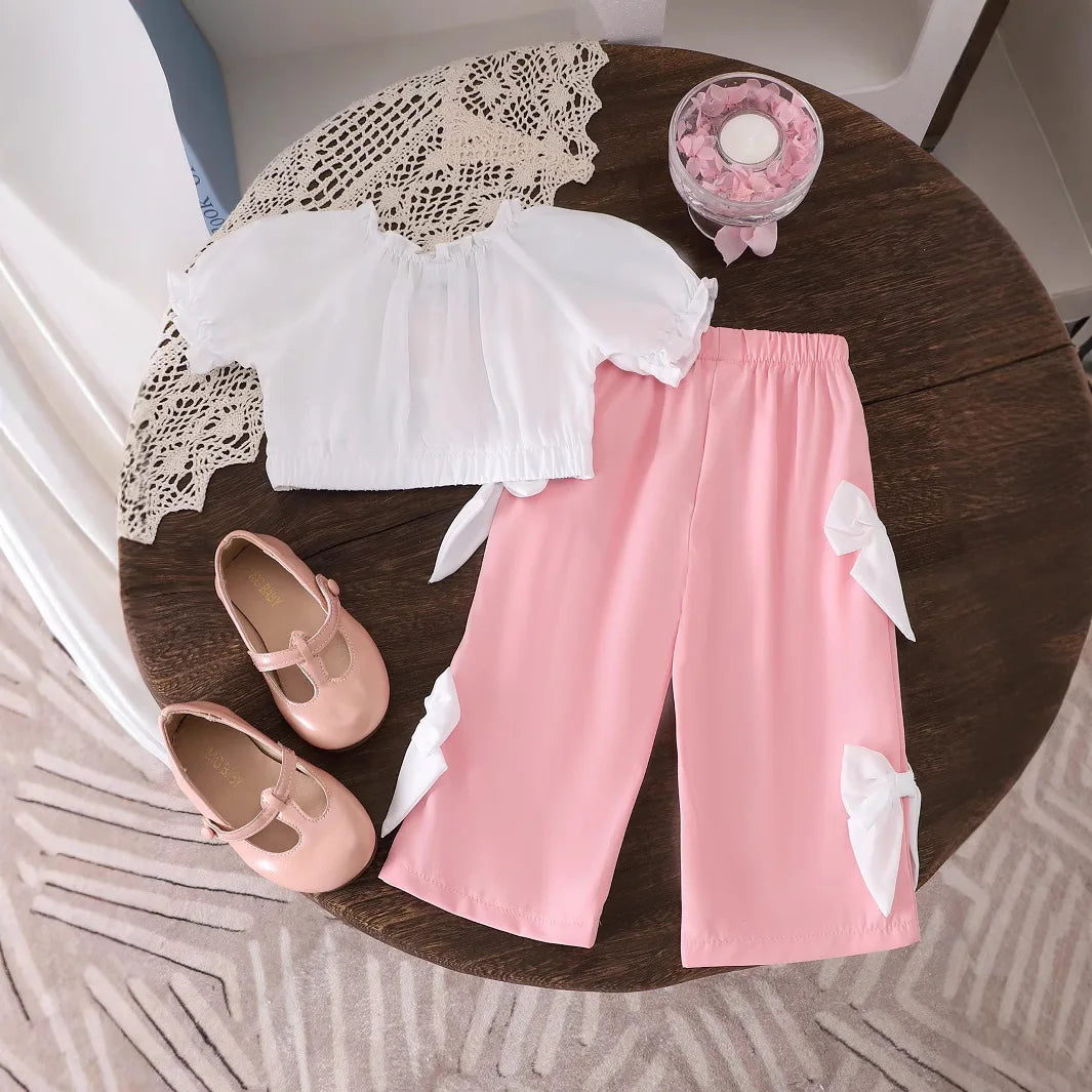 موضة 2025 صيف بنات كاجوال ستايل puff كم bow توب work trousers طقم قطعتين