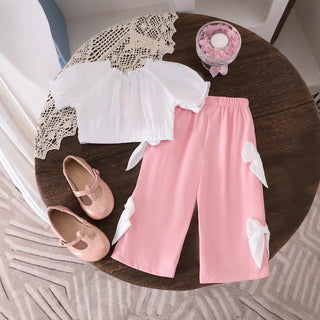 موضة 2025 صيف بنات كاجوال ستايل puff كم bow توب work trousers طقم قطعتين