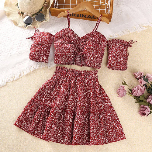 موضة 2025 صيف بنات clothing طقم جديد cross-border floral overskirt with بليسيه أكمام قصيرة jacket and suspenders