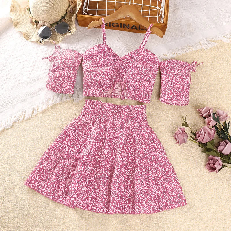 موضة 2025 صيف بنات clothing طقم جديد cross-border floral overskirt with بليسيه أكمام قصيرة jacket and suspenders