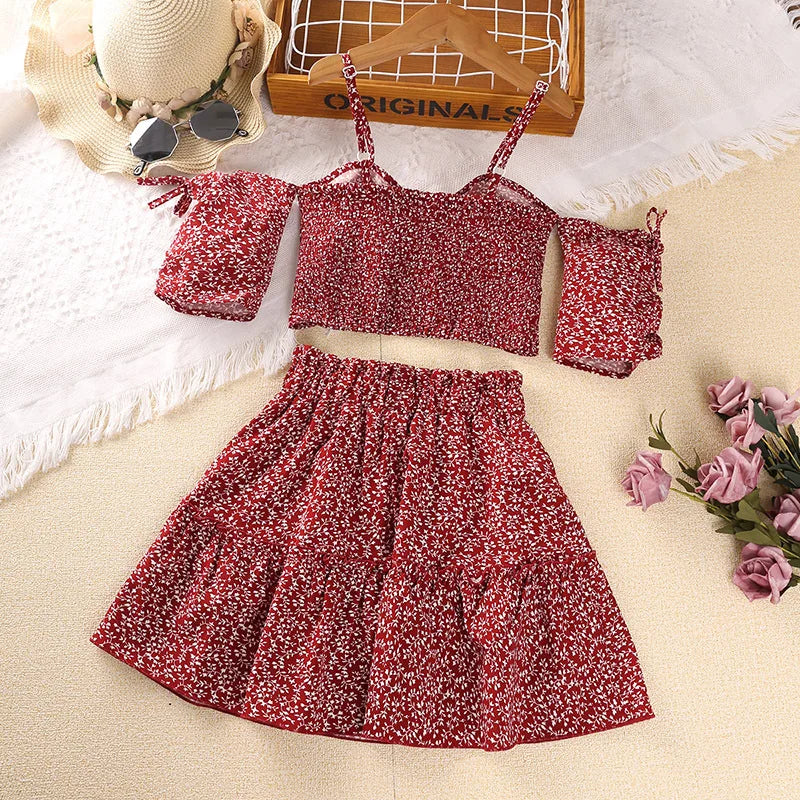 موضة 2025 صيف بنات clothing طقم جديد cross-border floral overskirt with بليسيه أكمام قصيرة jacket and suspenders