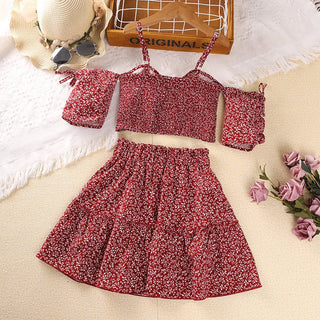 موضة 2025 صيف بنات clothing طقم جديد cross-border floral overskirt with بليسيه أكمام قصيرة jacket and suspenders