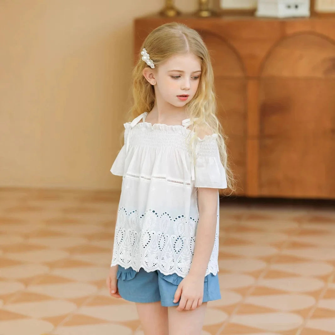 موضة 2025 صيف بنات' cute كاجوال طقم قطعتين جديد lace shoulder توب & jeans
