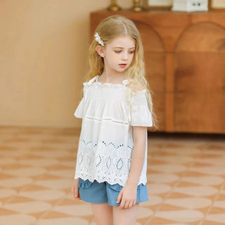 موضة 2025 صيف بنات' cute كاجوال طقم قطعتين جديد lace shoulder توب & jeans